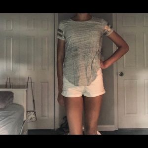 kids grey tee with shiny gold stripes on sleeve